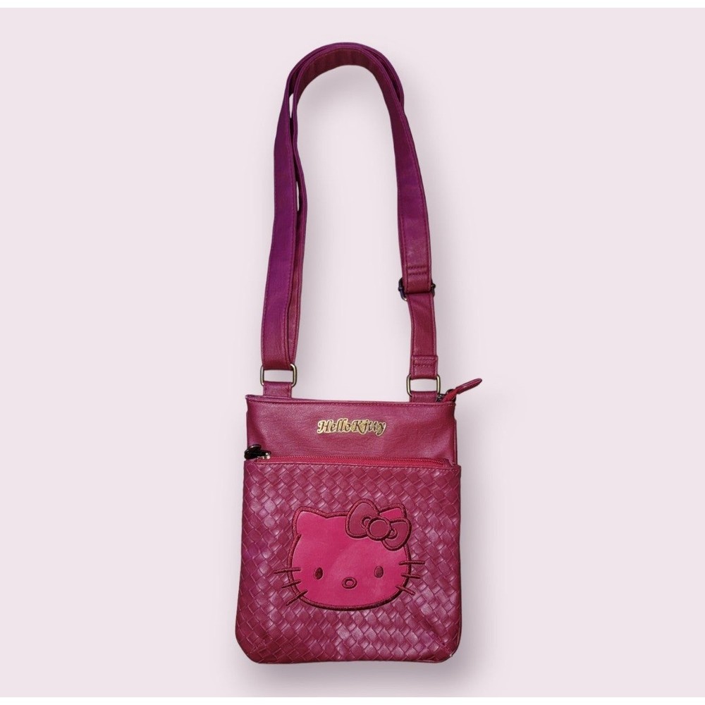 Sanrio Hello Kitty Red Weaved Crossbody Shoulder Bag Zipper Gold Hardware